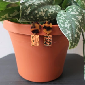 Tortoise Shell Acrylic Hexagon + Hammered Gold Rectangle Earrings | Lightweight Earrings | Statement Earrings