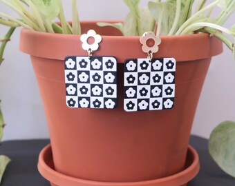 Gold Flower Post + Black and White Checkered Flower Square Acrylic Earrings| Statement Earrings