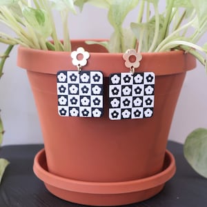 Gold Flower Post + Black and White Checkered Flower Square Acrylic Earrings| Statement Earrings