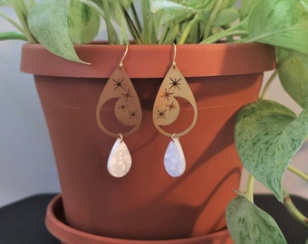 Brass Moon + Pearl White Acrylic Teardrop Dangle Earrings | Statement Earrings