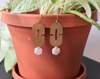 Brass Oval + Pearl White Hexagon Acrylic Charm Earrings | Statement Earrings