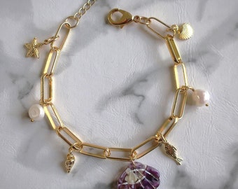 Day at the Beach | Gold Charm Bracelet | Starfish, Shell, Pearl and Fish Charms