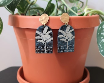 Gold Hammered Oval Post + Teal Glitter Marbled Palm Print D-Shaped Acrylic Earrings | Lightweight Earrings | Statement Earrings