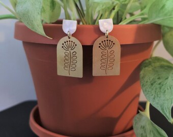 Pearl White Acrylic Post + Brass Laser-Cut Flower D-Shaped Charm Earrings | Statement Earrings