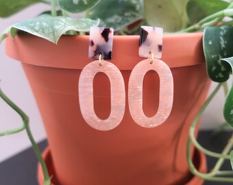 White Tortoise Shell Rectangle Post + Pink Shimmer Oval Acrylic Earrings | Lightweight Earrings | Statement Earrings