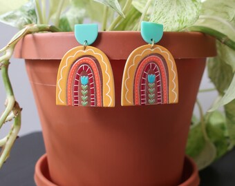 Turquoise D-Shaped Post + Printed Rainbow Acrylic Earrings | Lightweight Earrings | Statement Earrings