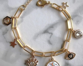 To the Moon | Gold Charm Bracelet | Celestial, Star, Planet, Evil Eye and Gem Charms