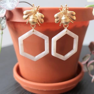 Gold Bumble Bee + Pearl White Hexagon Acrylic Earrings | Lightweight Earrings | Statement Earrings