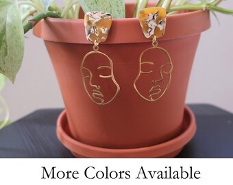 Trapezoid Acrylic Post + Brass Abstract Face Earrings | Lightweight Earrings | Statement Earrings