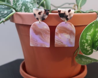 White Tortoise Shell D-Shaped Post + Purple/Cream/Brown Marbled D-Shaped Acrylic Earrings | Lightweight Earrings | Statement Earrings