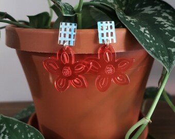 Clear Blue Gingham Striped Pattern Rectangle Post + Pink Etched Flower Acrylic Earrings | Statement Earrings