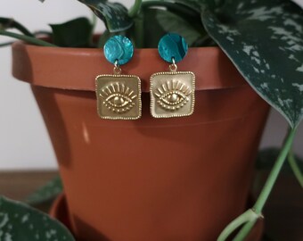 Teal Green Shimmer Marbled Acrylic Post + Square Brass Evil Eye Earrings | Statement Earrings