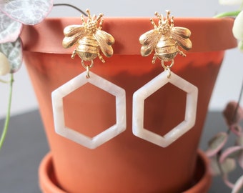 Gold Bumble Bee + Pearl White Hexagon Acrylic Earrings | Lightweight Earrings | Statement Earrings