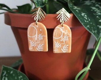 Gold Palm Post + Tan D-Shaped Printed Abstract Acrylic Earrings | Statement Earrings
