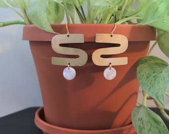Big S-Shaped Brass + Pearl White Round Acrylic Charm Dangle Earrings | Statement Earrings