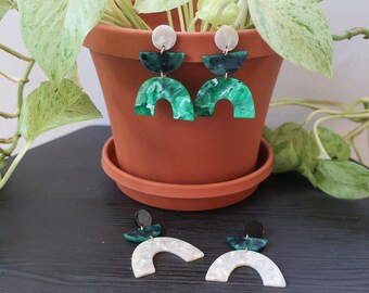 Round Post + Half Moon + U-Shaped Green/White Acrylic Earrings | Statement Earrings