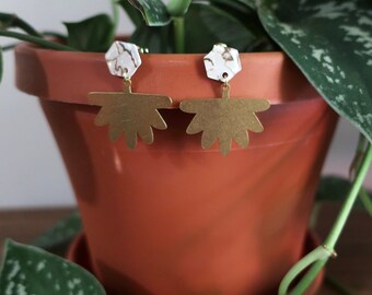 Iridescent Gray Marbled Acrylic Hexagon Post + Brass Leaf Earrings | Statement Earrings