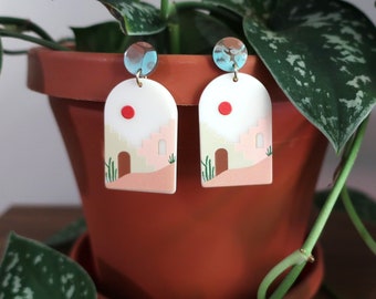 Blue/Brown Marbled Round Post + Printed Cityscape D-Shaped Acrylic Earrings | Statement Earrings