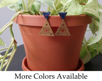 Multicolored Acrylic Triangle Post + Brass Evil Eye Triangle Charm Earrings | Lightweight Earrings | Dangle Earrings