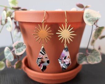 Brass Sun + Multicolored Diamond Acrylic Earrings | Lightweight Earrings | Dangle Earrings