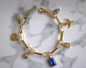 Traveler | Gold Charm Bracelet | Compass, Evil Eye, Camera, Gem, Passport, Plane, Globe Charms