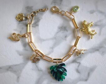 Jungle Boogie | Gold Charm Bracelet | Monstera, Snake, Butterfly, Parrot, Jaguar, Gem Charms