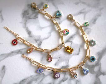 Protection | Gold Charm Bracelet | Colorful Evil Eye and Gem Charms