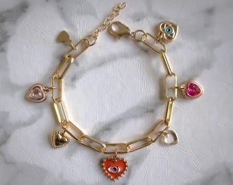 Love | Gold Charm Bracelet | Colorful Heart and Gem Charms