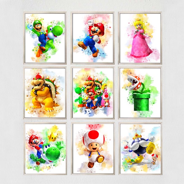 Set 9 MARIO Prints PRINTABLE ART Super Mario Poster Mario Print Watercolor Mario Bros Wall Decor Mario Video Game Nintendo Mario Gaming Gift