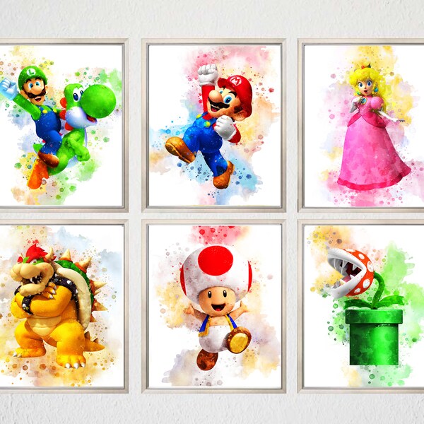 SET 6 Mario PRINTABLE ART Super Mario Poster Mario Print Watercolor Mario Bros Wall Decor Video Game Nintendo Mario Painting Gaming Gift