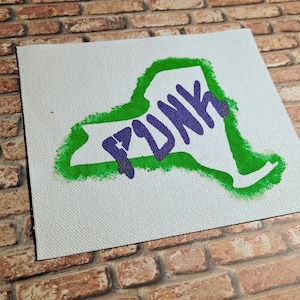 May include: A white canvas with a green outline of the state of New York. The word "FUNK" is written in purple inside the outline.