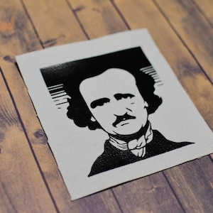 May include: Black and white illustration of Edgar Allan Poe, a famous American author, poet, editor, and literary critic. The illustration is printed on a white canvas.