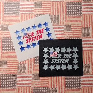 May include: Two rectangular fabric patches. One is off-white with blue stars and red text reading FUCK THE SYSTEM with a small American flag icon. The other is black with silver stars and silver text reading FUCK THE SYSTEM with an American flag icon.