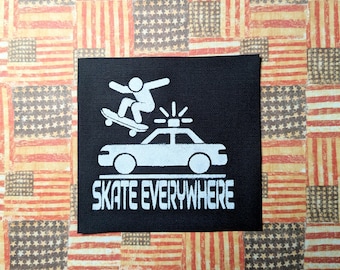 Hand Painted Sew On Canvas Punk Patch: Funny Skateboarder -  Heavy Metal Battle Vests | Jackets • Back Packs