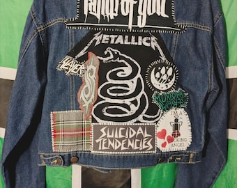 Woman's Forever 21 size LARGE• Heavy Metal Battle Jacket • Denim • Upcycled • Thrifed • Metallica • Lamb of God
