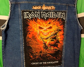Heavy Metal Battle Vest • Men's 4XL Denim Cut Off Jacket • Upcycled • Thrifed • Distressed • Iron Maiden