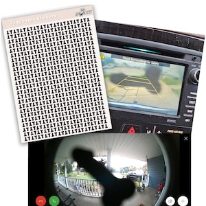 May include: A sheet of stickers labeled "Tiny Penis Stickers" with a pattern of small black penis shapes. A car's dashboard screen displays a backup camera view. A Ring doorbell camera shows a porch with a large penis shape obscuring the view.