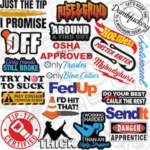 Pode incluir: Uma cole&ccedil;&atilde;o de autocolantes humor&iacute;sticos com v&aacute;rias frases e gr&aacute;ficos. Os designs incluem texto como "Just the Tip", "Rise & Grind", "Off" e "Master Baiter". Os autocolantes apresentam cores e fontes arrojadas.