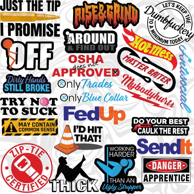 Pode incluir: Uma cole&ccedil;&atilde;o de autocolantes humor&iacute;sticos com v&aacute;rias frases e gr&aacute;ficos. Os designs incluem texto como "Just the Tip", "Rise & Grind", "Off" e "Master Baiter". Os autocolantes apresentam cores e fontes arrojadas.