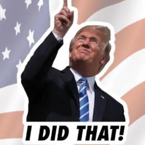 Może przedstawiać: Naklejka z fotografią mężczyzny w garniturze, z uniesioną ręką wskazującą w g&oacute;rę. Tło to rozmyte zdjęcie amerykańskiej flagi. Tekst "I DID THAT!" jest wydrukowany czarnymi literami na białym tle pod zdjęciem.