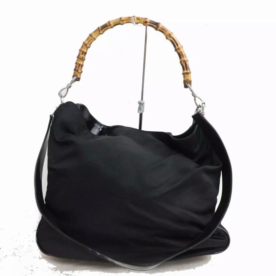 Guci Black Nylon Bamboo Handle Tote Shoulder Bag