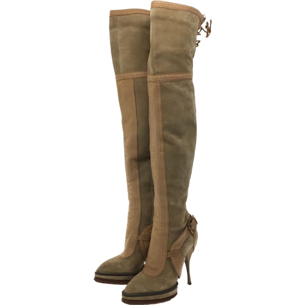 Christian Dior Suede Lace Up Buckle Platform Heel Thigh High Boots