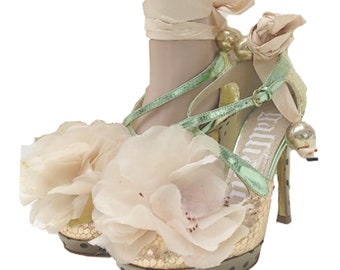 John Galliano Crepe Flower Petal Metallic Criss Cross Leather Heels