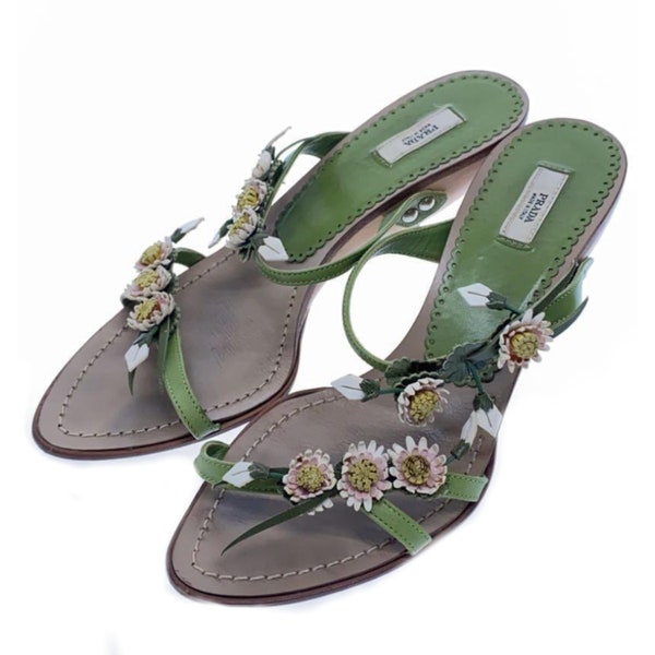 Prada Floral Leather Strap Kitten Heel sandals SZ36