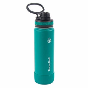 May include: A teal ThermoFlask water bottle with a black lid and handle. The bottle has a double-walled, insulated design and features the ThermoFlask logo and a snowflake icon. The bottle is designed to keep drinks cold for hours.