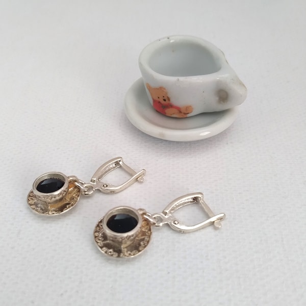 Coffee Cups Earrings, Handmade Silver Enamel Statement Jewelry,An original gift for coffee-loving women