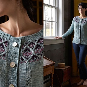 May include: A light blue knitted cardigan with a geometric pattern in shades of purple and white around the neckline and chest. The cardigan has large, round, wooden buttons and a cable knit design on the sleeves.