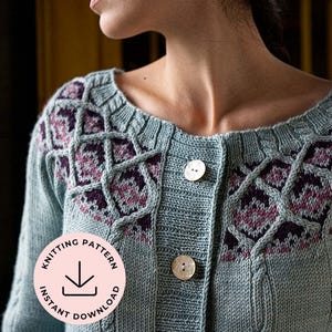 Patrón de cárdigan Fair Isle, cárdigan con diseño de colores en PDF, suéter con trenzas para tejedores, patrón Leadlight Top Down DK, descarga instantánea.