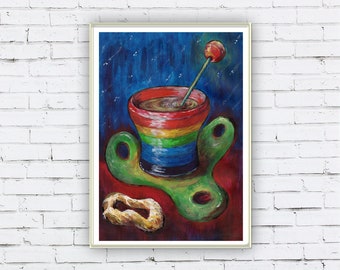 Picture with a cup, Picture for cafe, Picture for the kitchen, Rainbow picture Bright handpainted picture Rainbow handpainted Magic picture