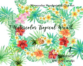 7 Watercolor Tropical Wreath. Exotik Plants Floral Hawaii wreath digital Frame Border Décor holiday wreath images. Garland of flowers Hawaii